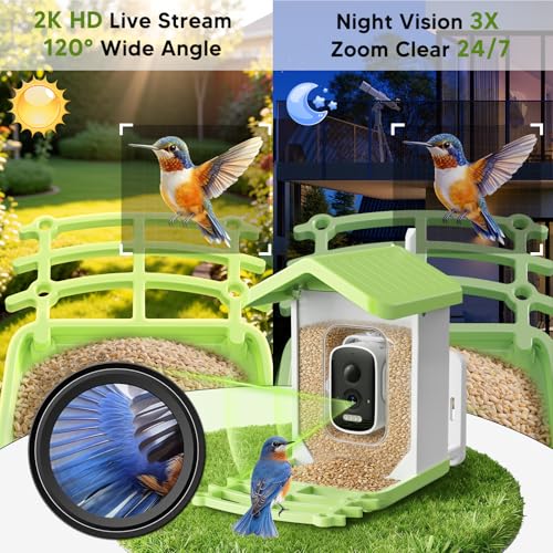 Billber Smart Bird Feeder with Camera - Solar Powered & Night Vision, 2K HD Real-Time View & Instant Alerts, Waterproof Outdoor Hummingbird Feeder, for Bird Watching Enthusiasts