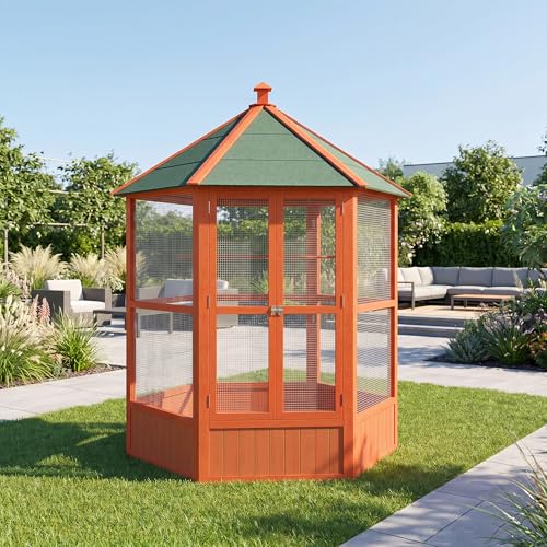 PawHut 44" Hexagon Covered Canopy Bird Cage with Stand Orange | Portable Aviary Flight Cage for Cockatiels, Conures, Lovebirds, Budgies & Small Birds