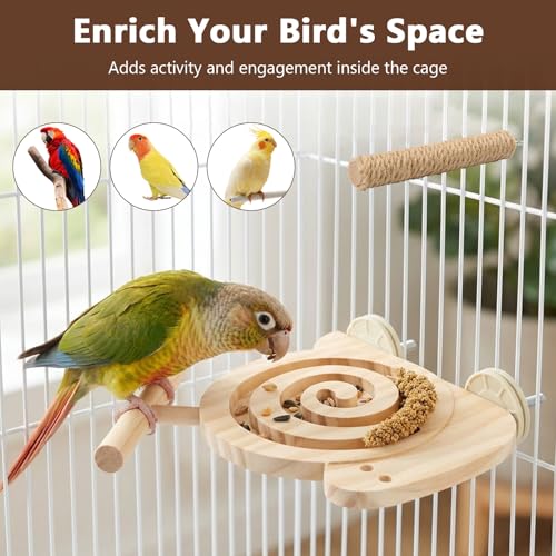 Bird Foraging Toys with Perch, Visible Slow Feeder Wooden Puzzle, Winding Grooves Help Reduce Mess, No Glue & No Exposed Screws, Include Extra Chew Perch for Novice/Older Birds