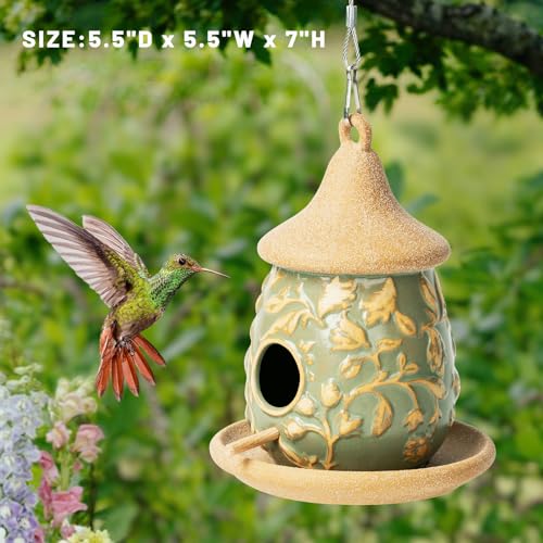 Hanging Bird Houses Ceramic Bird House Feeder with Wooden Pole for Outside Hummingbirds Cardinal Bluebird Nest Birdhouse Pet Cottage for Patio Outdoor Garden Decor
