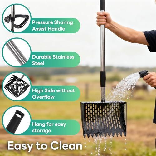 Oture Chicken Poop Scooper & Rake 2-in-1, Metal Chicken Coop Scoop Shovel for Poop, 24 to 66'' Adjustable Handle Litter Scooper Sand Sifting Shovel for Coops/Goat Stall/Farm Animals