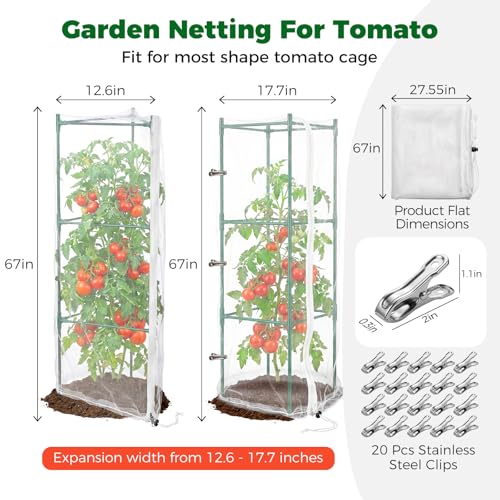 3Pcs Garden Bird Netting Plant Cover for Tomato Cage, 67" x 17.7" Insect Bird Barrier Tomato Cage Net with Zipper, Tomato Trellis Plant Netting Cover for Square Tomatoes Cages Plants Garden Protection - size: 67 in