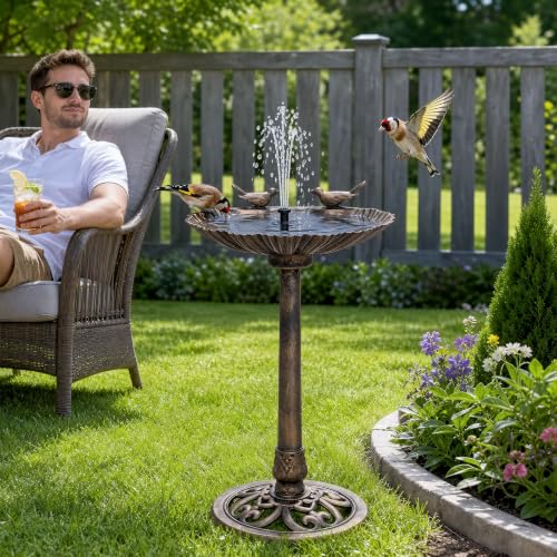 Athena Collection 31.5" Solar Powered Pedestal Bird Bath Fountain, Bronze | Detachable Solar Fountain Broad, 6 Spray Patterns, 5L Water Large Capacity，3 Ground Nails Included for Garden Yard Lawn - color: Bronze