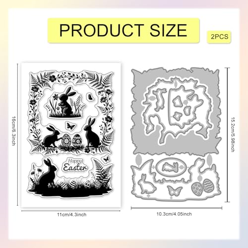 GLOBLELAND Easter Silhouettes Clear Stamps and Metal Die Cuts Bunnies Plants Transparent Stamp Spring Plant Border Cutting Dies for Card Making Embossing Scrapbooking - style: Easter Silhouette