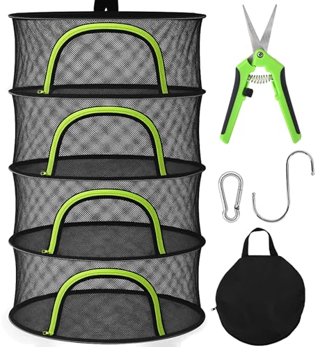 Herb Drying Rack Hanging Mesh 4 Layer 24" with Zipper, Garden Pruning Shear, Hook & Carabiner Clip for Drying Herbs, Plants, Seeds, Buds | Hydroponics & Grow Tents Herb Dryer Hanging Rack - style: 4 Layer 24"