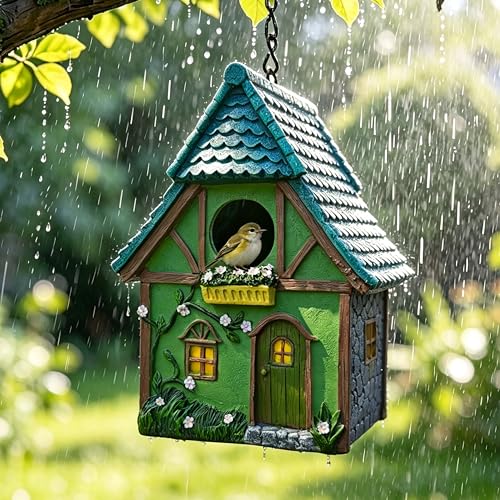 Resin Green House Hanging Bird House for Outside, Hand-Painted Resin Birdhouse with Flower & Vine Details, Weatherback Bird Hut for Garden, Patio, Tree Decor, Bird Nest for Small Wild Birds