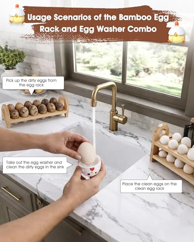 Bamboo Egg Holder Countertop with Silicone Egg Cleaner, 3-Tier Egg Holder for 36 Eggs, Stackable Design for Fresh Eggs, Farmhouse Egg Tray Storage Display Rack，Fits Quail, Duck, Chicken Eggs