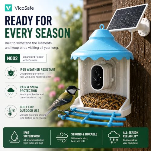 VicoHome N002 Bird Feeder with Camera - AI Bird Recognition, Solar Powered Outdoor Birdhouse Cam with Night Vision, Motion Alerts, App Control, Cloud & SD Storage, IP65 Waterproof, 2K HD Live View