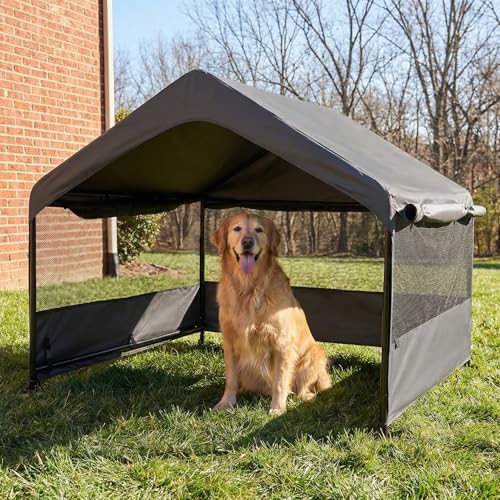 Outdoor Dog Tent, 4'x4'x3' Dog House Shade Shelter for Large Medium Pets | Outside Sun Rain Waterproof Dog Canopy with Three-Sided Breathable Mesh Windows, Livestock House with Ground Nails, Dark Gray - color: Dark Gray (Breathable Mesh Windows)