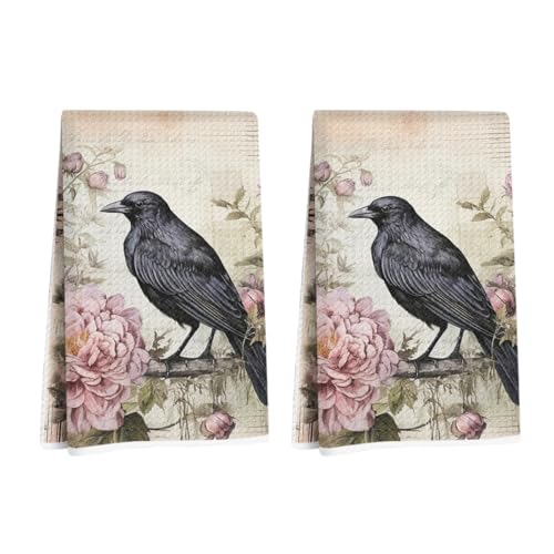 2 Pcs Black Raven Kitchen Towels Floral Decorative Tea Towel | Absorbent Microfiber Dish Cloth, Waffle Soft Hand Towels for Farmhouse, Home, Bathroom, Housewarming Gifts - color: Multi 1254