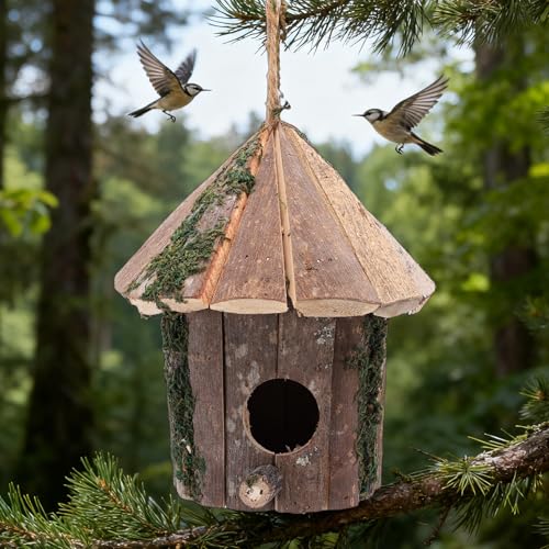 Wooden Bird House 7.09x5.12x5.51in Hanging Birdhouse with Predator Guard for Outdoor Garden Backyard Decor