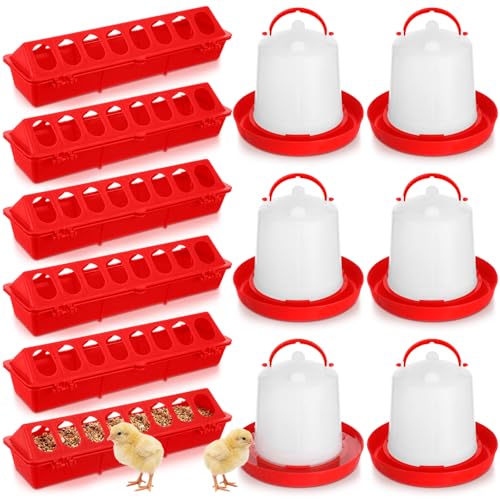 Funnymoom 12 Pack Chicken Feeder and Waterer Set Bird Small Poultry Feeder Flip Top Bird Small Poultry Feeding for Pigeon Chick Drinker Duckling Quail Feeding Dispenser (Red,8 Holes) - color: Red, style: 8 Holes
