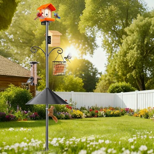 Smart Bird Feeder Pole Stand with Proof Squirrel Baffle 79" - Dia 1 Inch Bird House Pole Mount for Camera Birdfeeder, Double Hooks, Install 2 Bird Houses, Feeding Station Outdoors Heavy Duty - size: 79IN