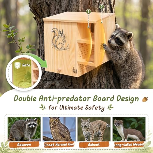 Extra Large Squirrel House for Outside, Wooden Squirrel Nesting Box | Solid Pine Den Box, Predator Guard & Easy-Clean Front Door, Enhanced Protection, Backyard Habitat Shelter for Outdoor Winter - size: Extra Large