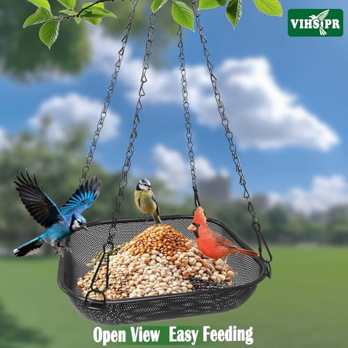 Hanging Platform Bird Feeder, 11 in Square, Black | Stainless Steel Mesh Seed Tray, Backyard & Patio, Outdoor Use - color: Black - Square