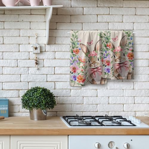 Giwawa Flower Bunny Easter Kitchen Towels Spring Floral Rabbit Eucalyptus Leaves Dish Towel 14x28 Inch Seasonal Farmhouse Holiday Decoration Hand Towels Set of 2 - color: Bunny Beige
