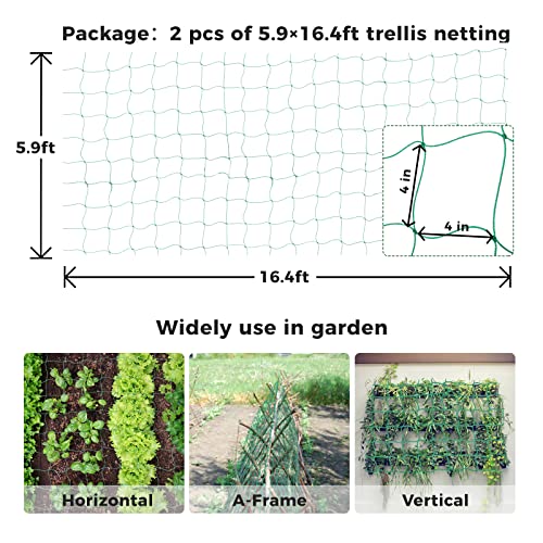 Kikhope Trellis Netting for Climbing Plants, 2 Pack 5.9 ft x 16.4 ft Heavy Duty Garden Trellis Netting for Cucumber, Vine, Tomato, Plants Trellis Net for Climbing Vine Plants Fruits & Vegetables - size: 5.9ft x 16.4ft (2 Packs)