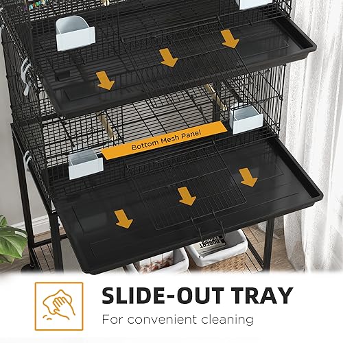PawHut Double Stackable Bird Cage with Stand for Canaries, Lovebirds | Wooden Swing, Rope Ladder & Wheels, Budgie Cage, Storage Shelf, Removable Tray, Wooden Perches & Food Containers, Finches