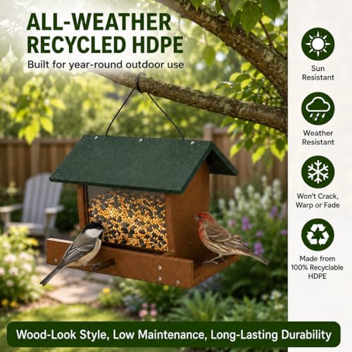 Bird Feeders for Outdoors Hanging, Recycled HDPE Bird Feeder with 2.2 LB Capacity, Clear Seed Reservoir, Flip-Top Roof for Easy Refilling, No Assembly Required, Weatherproof Wild Bird Feeder