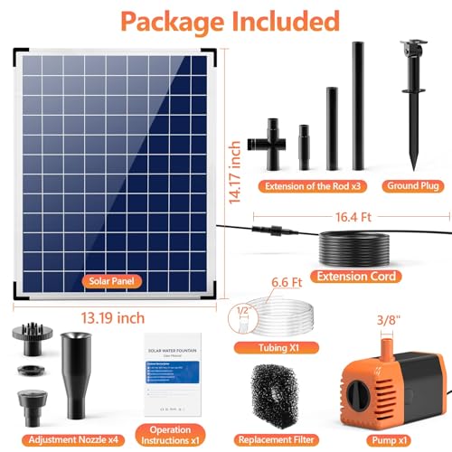 Antfraer 25W Solar Fountain Pump, Solar Water Pump 320GPH Flow Adjustable, Solar Powered Water Pump with 16.5Ft Cord Length for Small Pond, Fish Pond Bird Bath Garden Waterfall Hydroponics - size: 25W