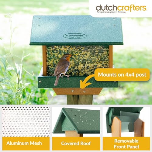 DutchCrafters Poly Large Hopper Bird Feeder Post Mount for 4" x 4", Wild Songbird Bird Seed Feeder for Outdoor, Outside, Garden, Yard - Amish Made in USA (Post Mount, Turf Green & Cedar) - color: Turf Green & Cedar, style: Post Mount