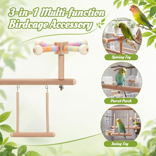 2 Pcs Bird Parakeet Toys, Bird Perch Platform Swing Mirror Ladder with 360° Spin Function, Hanging Parakeet Swing Birds Cage Accessories Toys for Cockatiel Lovebird Parrot