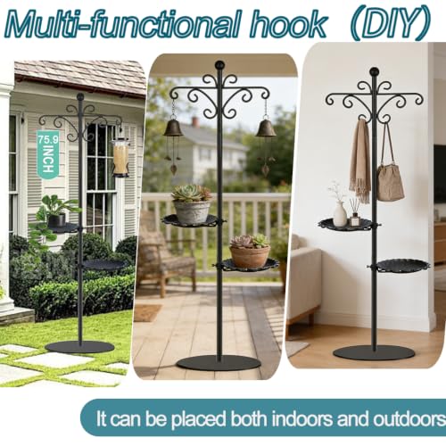 74.5" Shepherd's Hook Stand，Bird Feeder，Wind Chime, Waterproof Metal & Adjustable-Height Pole Holder for Lantern ，Hanging Plants Indoor & Outdoor（2 Placement Racks - color: Black