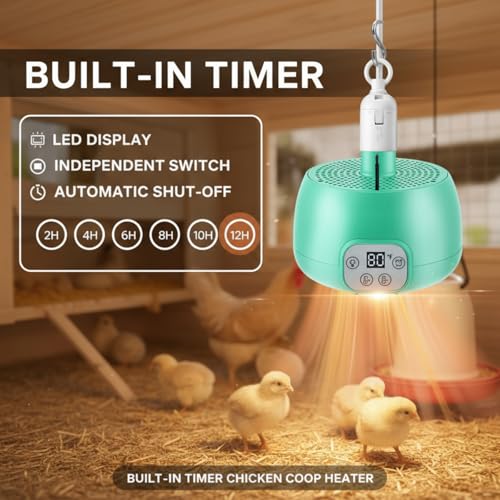 Enhon 2 Sets Chicken Coop Heater, Timing Heat Lamp for Chickens, Smart Temperature Control Chicken Brooder Heater Greenhouse Warmer, 5 Ft Ultra Long Cable Reptile Heating Lamp for Chicks Duck Dog Cat