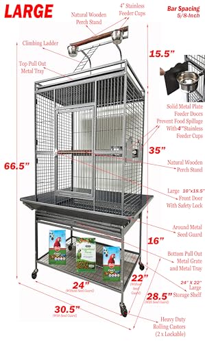 Large Elegant and Durable Wrought Iron Play Ground Perch Stand Top Climbing Ladder Bird Parrot Rolling Metal Cage with Around Seed Guard Storage Shelf On Heavy Duty Lockable Rolling Wheels - size: 24.0"L x 22.0"W x 66.5"H