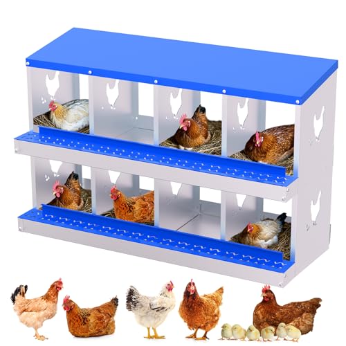 Chicken Nesting Box, 8 Compartment Galvanized Steel Chicken Laying Boxes, Heavy Duty Rustproof Chicken Coop with Easy Egg Collection for Backyard Farms - Wall Mountable, Blue - color: Blue, size: 8 compartments, without bracket