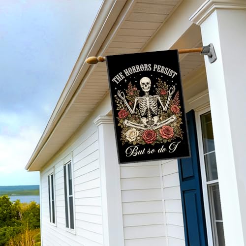 RZHV The Horrors Persist But So Do I Double-Sided Garden Flag for Outdoor House Yard Sign Garden Decor Parade, Funny Rose Skulls Front Yard Sign Flag, Halloween Fall Social Justice Outdoor Banner - color: Horrors H