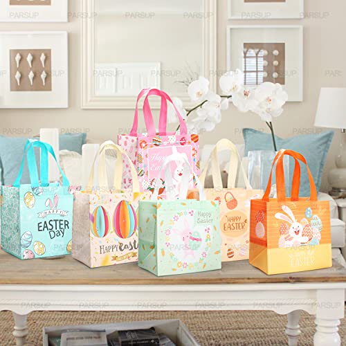 PARSUP 6PCS Happy Easter Bunny Carrot Chick Egg Hunt Gift Treat Multifunctional Non-Woven Bags with Handles,Easter Party Supplies for Gifts Wrapping, 8.3×7.9×5.9inch - color: Blue Orange Yellow Pink Green