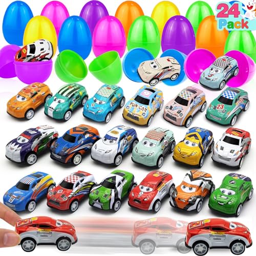 24 Pack Prefilled Easter Eggs with Pull Back Cars, Easter Basket Stuffers Toys Colorful Racing Vehicle for Kids Boys Toddlers Basket Stuffers Filler Surprise Egg Hunt Party Favor Classroom Prize - style: 24 Pack Easter Eggs with Pull Back Cars