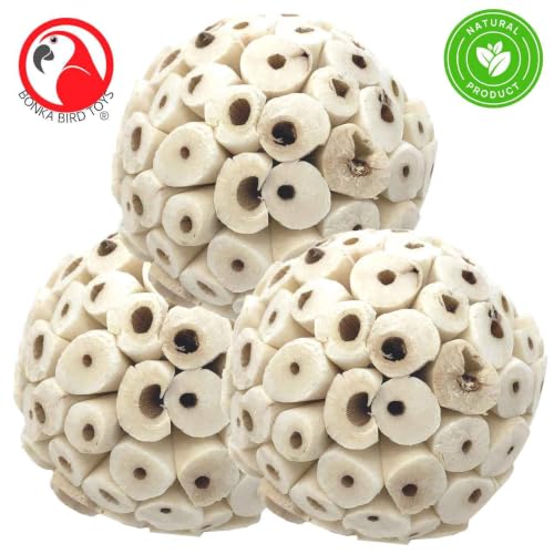 Bonka 1214 Pk3 2.25" Sola Atta Balls Bird Foot Chew Toy Small Medium | Soft lightweight natural pith encourages shredding, chewing, tossing, and foot play - color: Pk3 Sola Atta Balls
