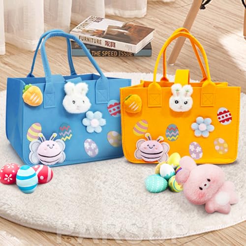 2PCS Easter Egg Hunt Bags Happy Easter Bunny Gift Bags with Handles, Easter Treat Bags, Felt Easter Bags for Gifts Wrapping, Egg Hunt Game, Easter Party Supplies, 12" x7.8" x6.8"(Blue + Orange)
