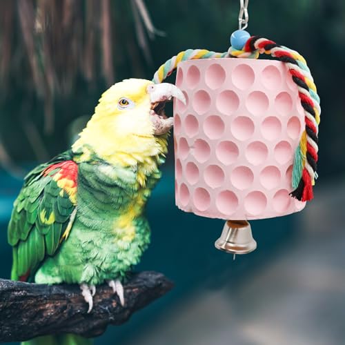 Extra Large Bird Chewing Toy, Parrot Beak Grinding Calcium Stone with Bells, Bird Cage Accessories, Cage Toys for Cockatiel Parakeet Parrot Budgies Rat Hamster Chinchilla Rabbit Bunny African Grey - color: Pink