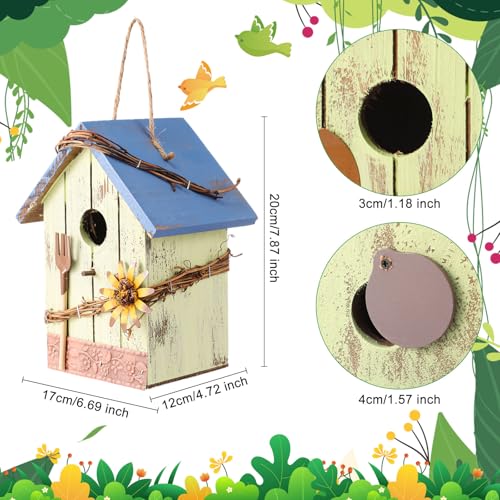 DoubleFill 2 Pcs Birdhouses for Outdoor Hanging Yard Outside Wooden Birdhouse Hand Painted Bird Box for Bird Lovers Bluebird Tree Garden Decor Decorative Birdhouse(Light Color,Wooden Roof) - color: Light Color, size: Wooden Roof