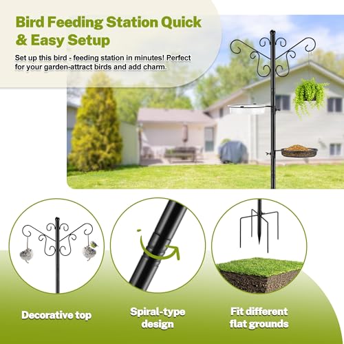 Bird Feeding Station,Heavy Duty Bird Feeder Pole with Upgraded Thickened Pole & 5-Prong Base,Hanging Hooks,Mesh Tray,Water Bowl w/Metal Snap Fastening,Wind-Resistant Wild Bird Feeding Kit for Outdoors
