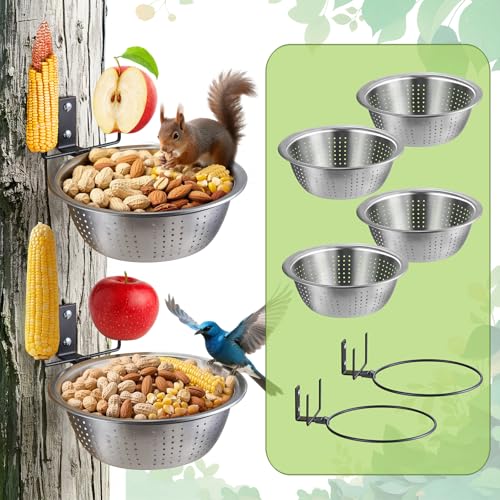 2 Pack Squirrel Feeders, 4 Colander Bowls (Each 8.5"/1.4L) for Replacement, Dual Corn Cob Spikes for Multi-Food, Metal Squirrel Feeders for Outside Tree Fence, Removable Bowl Easy Clean/Refill - size: 2 Stands 4 Bowls
