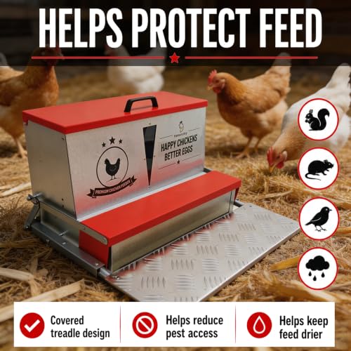 40 lb Automatic Chicken Feeder, Rat Proof Treadle No Waste | 40 lb treadle chicken feeder with visible window, galvanized steel body, no waste design, and weatherproof lid