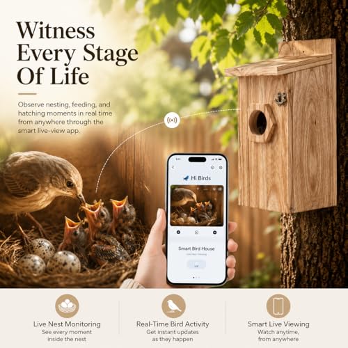 Smart Bird House with Camera – Burnt Wood Finish, AI Bird Recognition, IP66 Waterproof, Two-Way Audio, App Control, 4MP Full-Color Night Vision,Solar-Powered,Cloud & SD Storage - color: Natural Walnut, size: Solar Edition