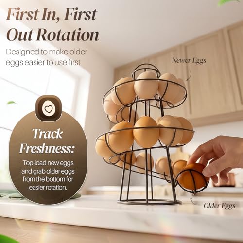 Flexzion Egg Skelter Modern Spiral Egg Holder Countertop (Medium Egg Display) - Freestanding Wired Countertop Egg Holder for Fresh Eggs, Dispenser Stand, Storage Rack for Kitchen, Black | Wire Chicken Egg Basket and Rotating Skelter Rack for Fresh Egg Sto