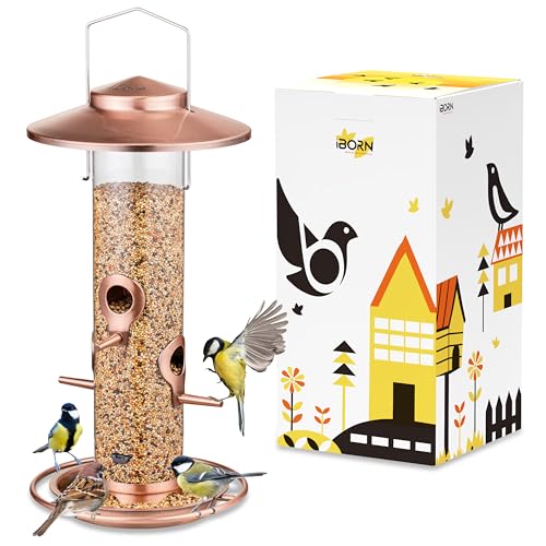 iBorn Bird Feeders for Outdoors, 1.5LB Metal Bird Feeders 17cm Large Roof &Tray, 4 Feeding Ports, Brushed Copper Finishing - color: Brushed Copper, 2LB, 4 Ports