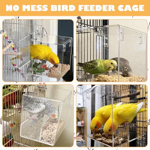 ASelected Clear No Mess Bird Feeder, 6.3in Automatic Bird Feeder for Cage, Acrylic Clear Birds Feeder for Parrots Canary Parakeet Budgerigar Crested Myna Cockatiel Lovebird