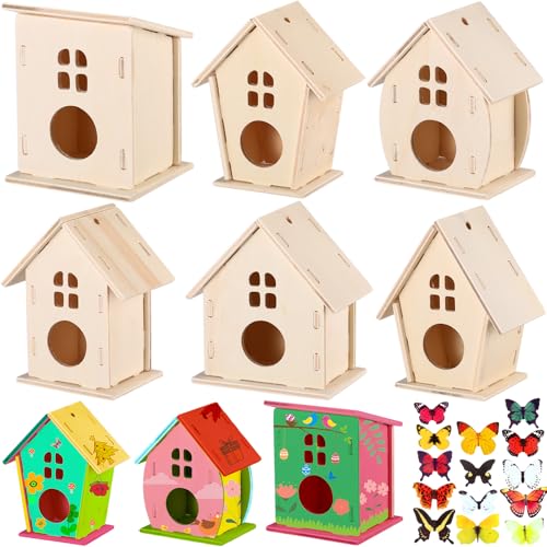 Sawysine 93 Pcs DIY Birdhouse Kits for Kids to Build, 36 Wooden Bird House 6 Shapes and 57 Butterfly Sticker for Children Summer Craft Activity Art Project DIY(Round Entrance) - style: Round Entrance