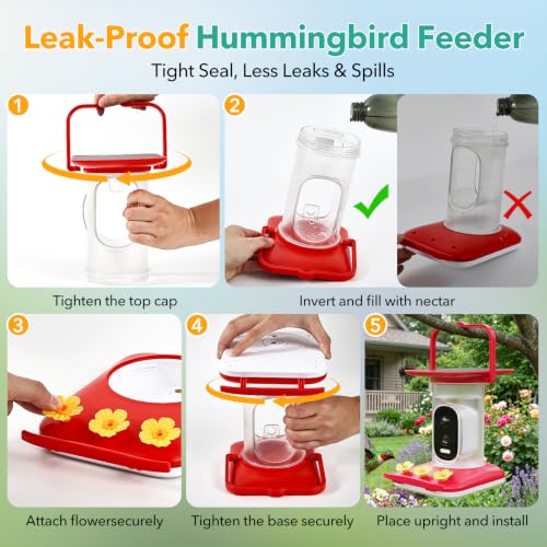 Smart Hummingbird Feeder with Camera, All-in-One Integrated Solar Roof – No Wires, 2.5K HD Color Night Vision, AI Identified Solar Hummingbird Feeder, Leakproof Design Hummingbird Feeders for Outdoors