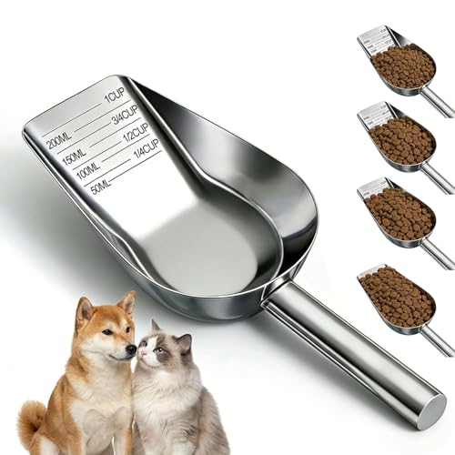 304 Stainless Steel Dog Food Scoop, 1 Cup Pet Food Measuring Cup with Long Handle for Dogs, Cats, Rabbits and Kitchen