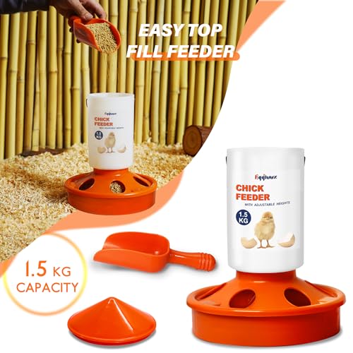 Eggluuz Chick Feeder and Waterer Kit, Top Fill 1.5kg Chick Feeder and 1.5L Chick Waterer with 3 Adjustable Heights