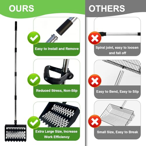 Chicken Poop Scooper, 2-in-1 Coop Scoop & Chicken Poop Rake, 12" Wide Sifting Shovel with 25-66" Adjustable Stainless Steel Handle, Heavy Duty Metal Pooper Scooper for Backyard Chicken Coop