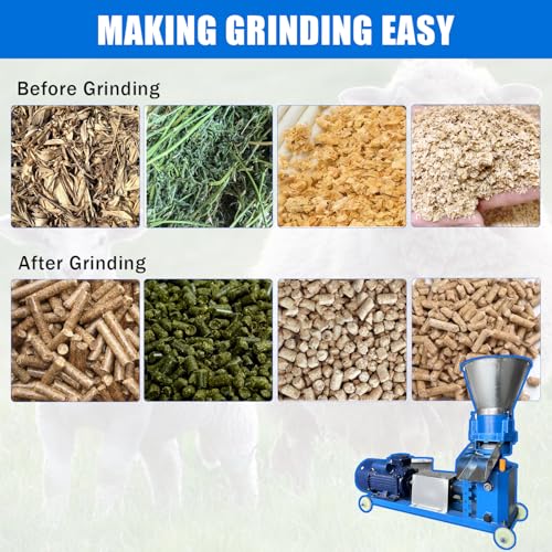 110V Feed Pellet Mill Machine 3 Head Rollers Pellet Maker Machine | for Chicken Duck Poultry Livestock Farm Animal, 200KG/H, 5.5KW, w/Air Switch, Splash Plate, 2.5/3/4/5/6/8mm Grinding Discs